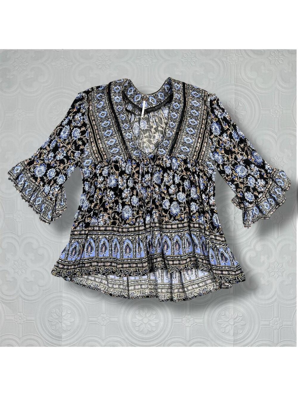 Free People Moonlight Blue Tunic Mini Dress with Ruffle Sleeves